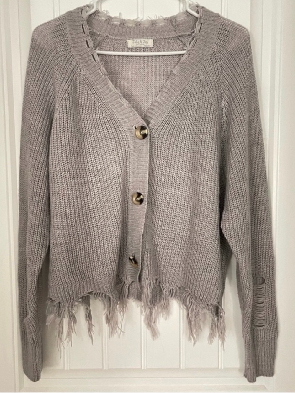 Jolie & Joy Distressed Knit Light Gray Button Cardigan